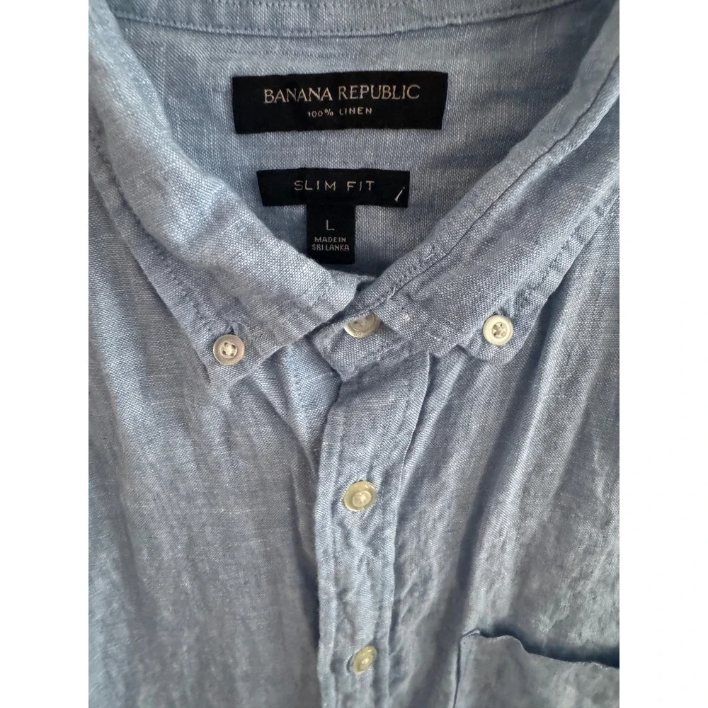 Banana Republic Mens Slim Fit 100% Linen Short Sleeve Button Down Shirt Blue L